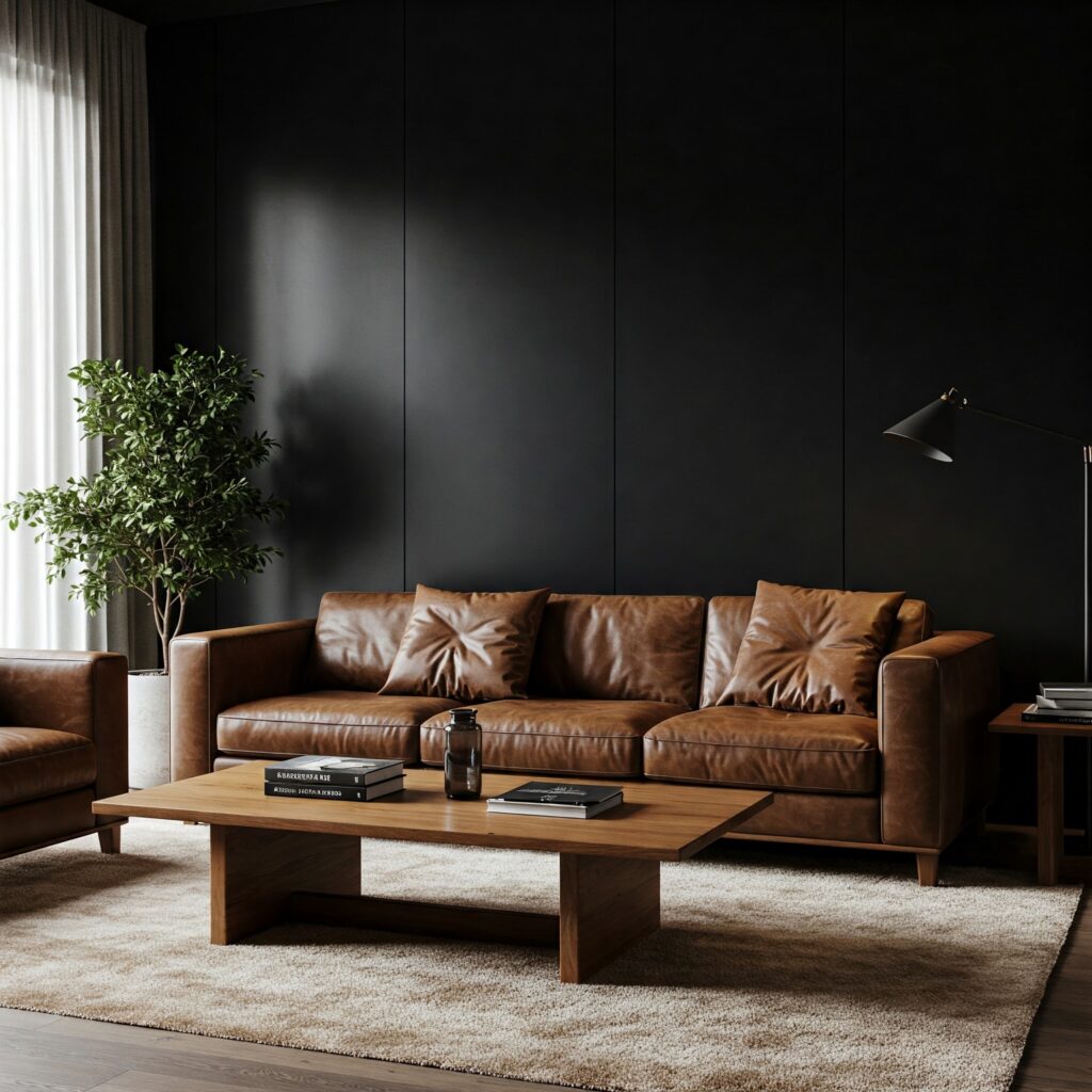 Brown Living Room with black accent wall