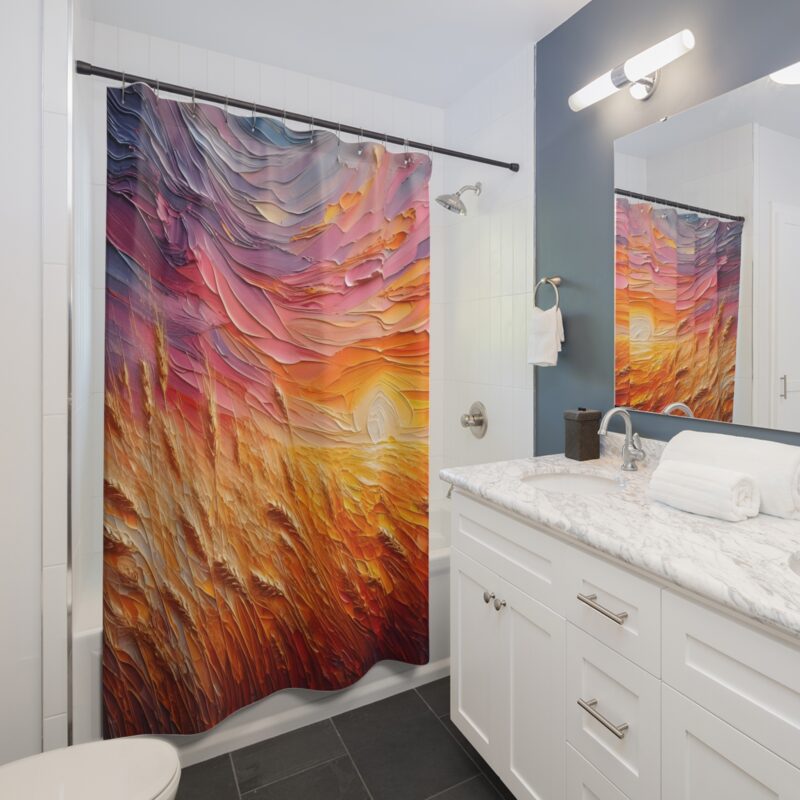 Golden Harvest shower curtain styled in a modern bathroom.