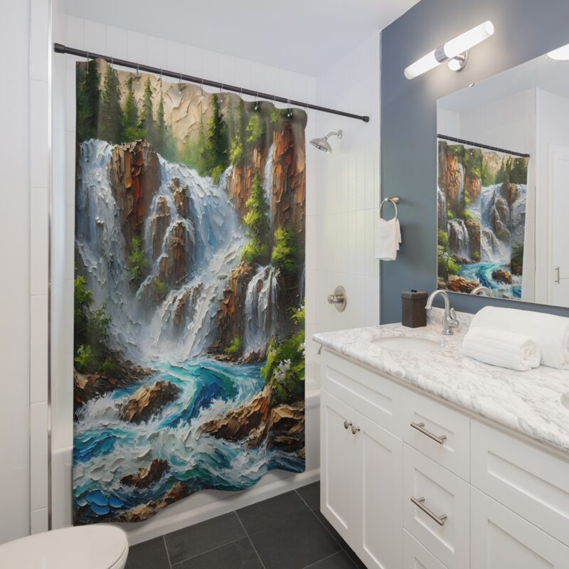 Cascade Serenity shower curtain featuring waterfalls surrounded by mountains and trees in an impasto painting style