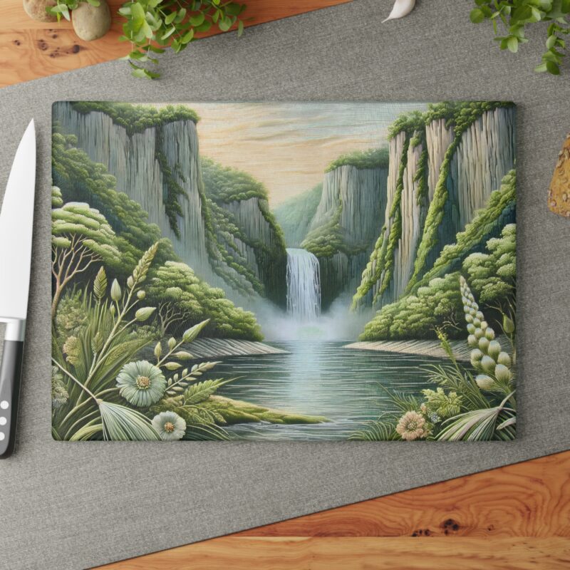 Tempered glass cutting board with a beautiful emerald green cascade design