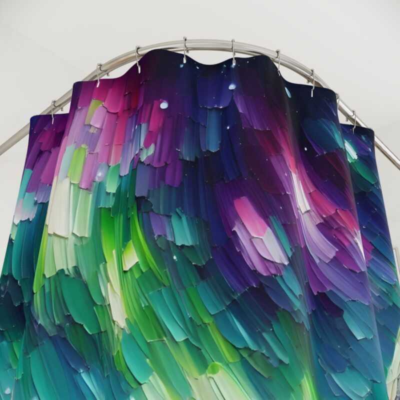 Close-up of Aurora Peaks shower curtain highlighting the textured northern lights and mountain details