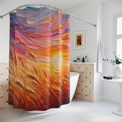 Golden Harvest shower curtain in a cozy bathroom with warm autumn-inspired decor.