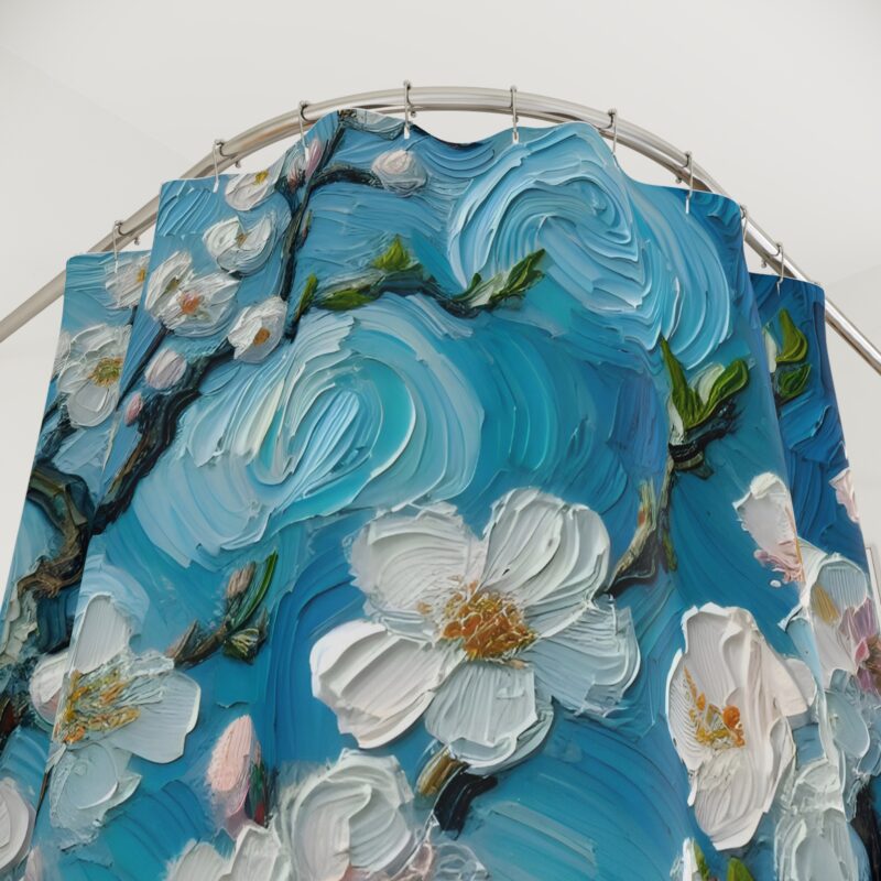 Close-up of Azure Bloom shower curtain highlighting the textured cherry blossoms and sky