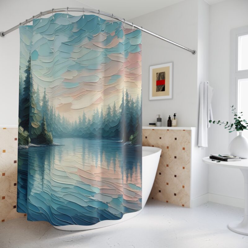 Emerald Isle shower curtain styled in a modern bathroom with nature-inspired decor