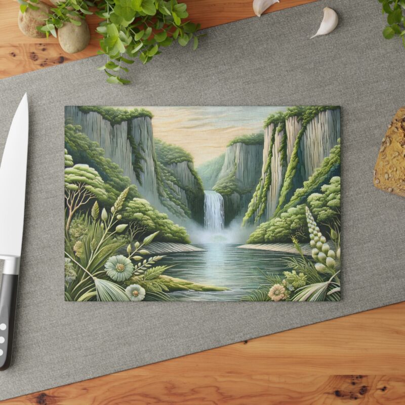 The Emerald Cascades glass cutting board adds a touch of elegance to any kitchen