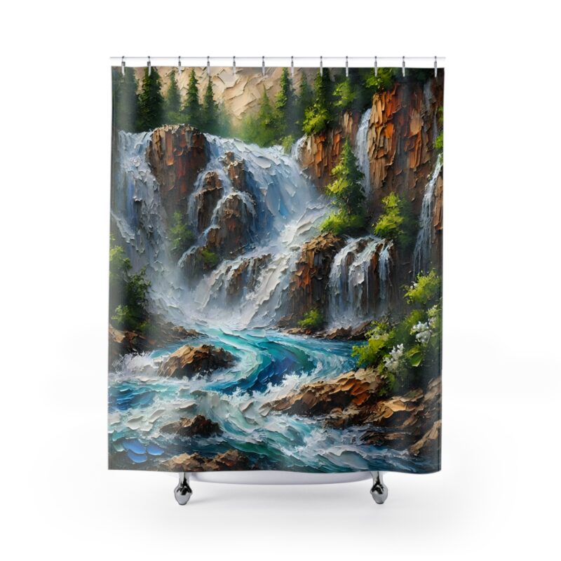 Cascade Serenity shower curtain showcasing waterfalls and trees on a white background