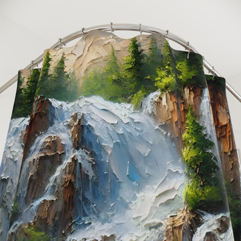 Close-up of Cascade Serenity shower curtain highlighting textured waterfall and forest details