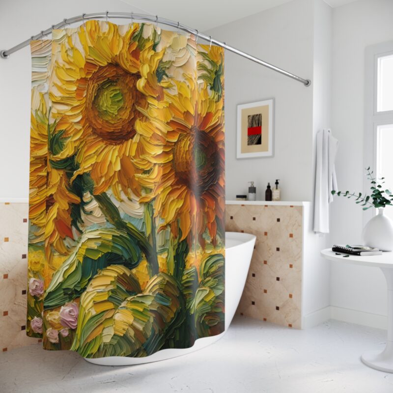 Sunflower Bliss shower curtain styled in a bright, floral-inspired bathroom