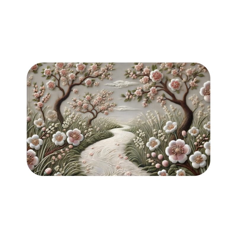 Serene Blossom Bath Mat on White Background