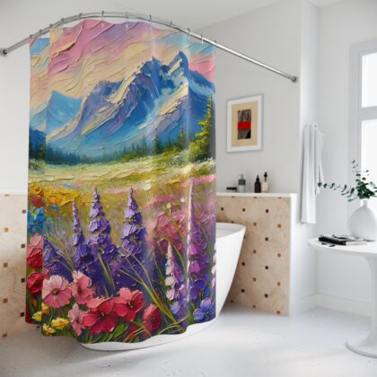 Mountain Blossoms shower curtain styled in a nature-inspired bathroom