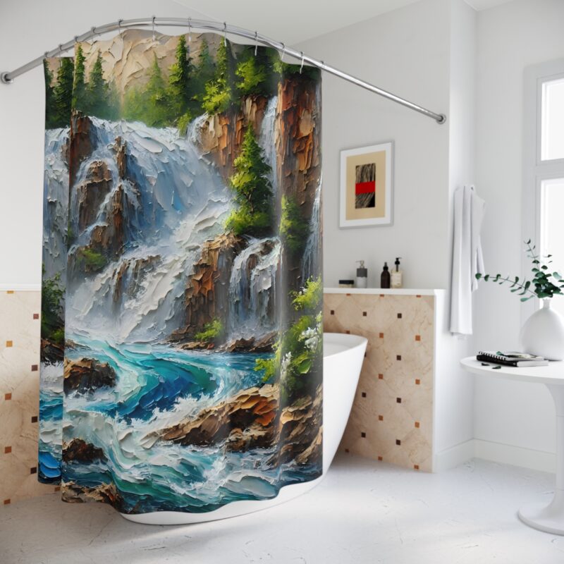 Cascade Serenity shower curtain styled in a serene bathroom with nature-inspired decor