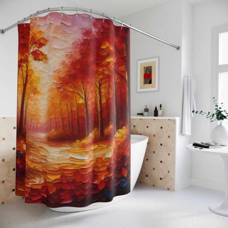 Crimson Canopy shower curtain styled in a cozy bathroom with fall-inspired decor