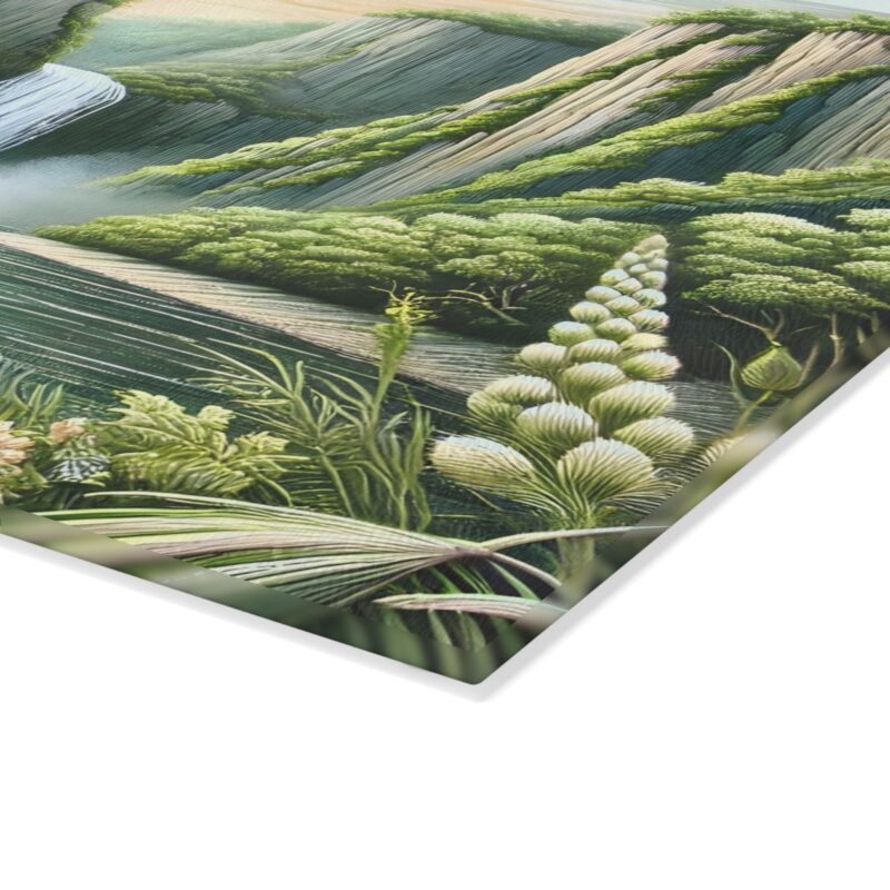 Close-up view of the Emerald Cascades glass cutting board, showcasing its unique pattern and texture.