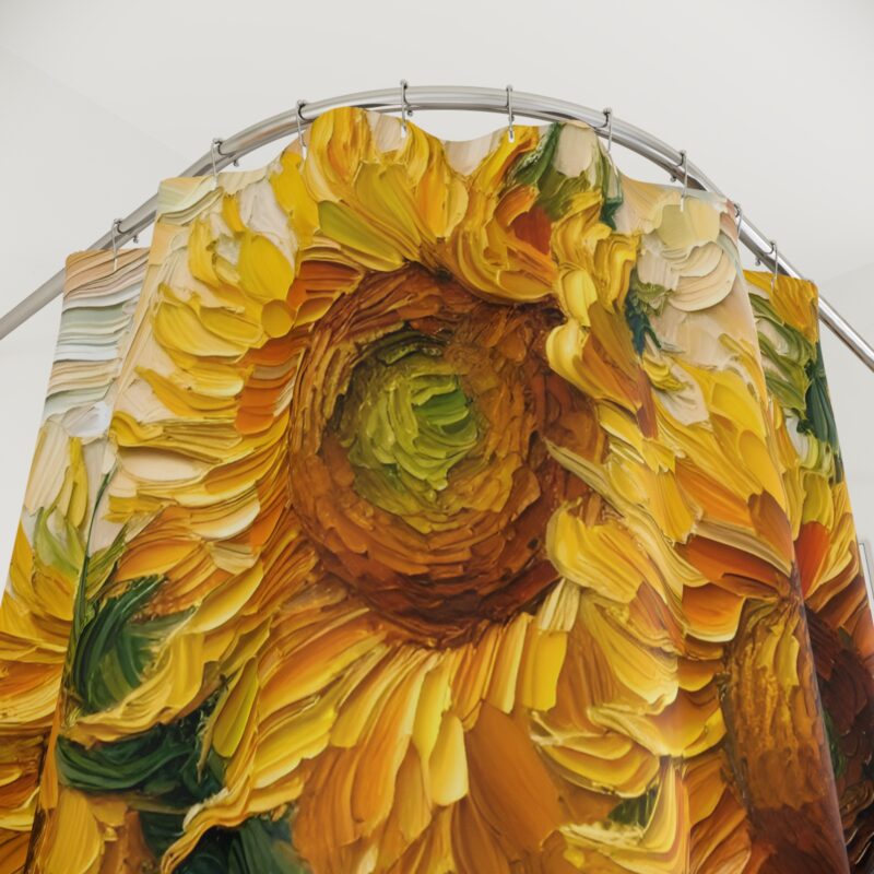 Close-up of Sunflower Bliss shower curtain highlighting textured sunflower details