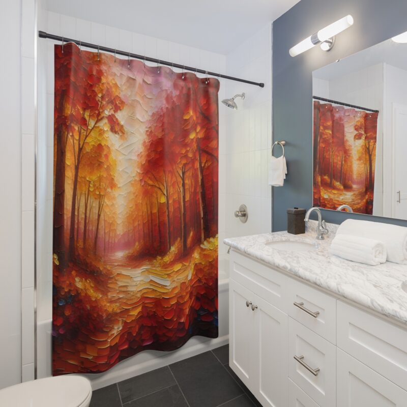 Crimson Canopy shower curtain featuring vibrant orange and red-hued trees alongside a serene pathway in impasto style