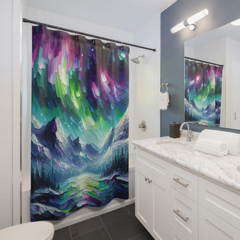 Aurora Peaks shower curtain featuring colorful northern lights over majestic mountains in an impasto style