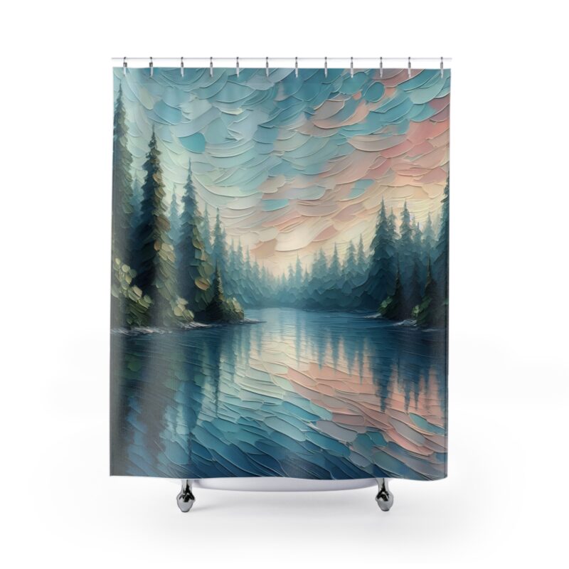 Emerald Isle shower curtain showcasing a lake and trees on a white background