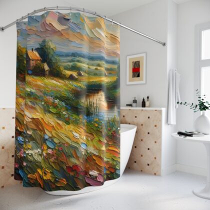 Countryside Vista shower curtain styled in a rustic bathroom setting