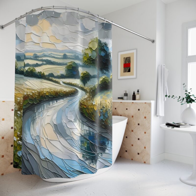 Lakeside Serenity shower curtain styled in a calm, nature-inspired bathroom