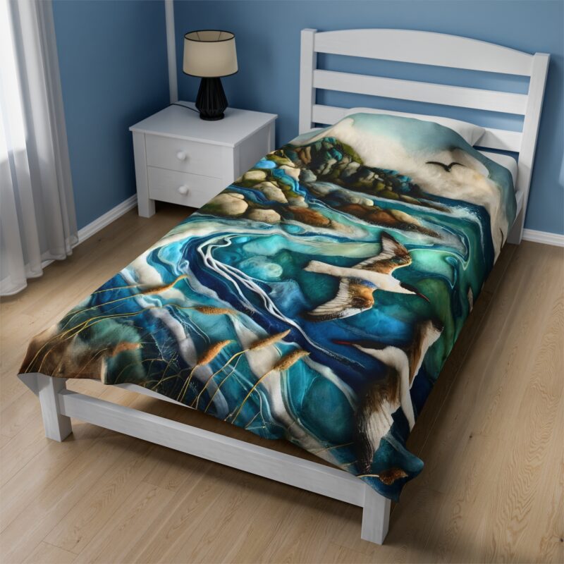 Birdsong Waves Blanket in Minimalistic Bedroom