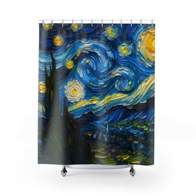 Close-up of Starry Dreams shower curtain highlighting the starry night sky impasto texture