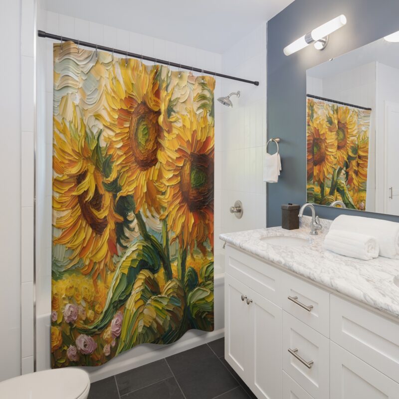 Sunflower Bliss shower curtain featuring bright yellow sunflowers in an impasto painting style