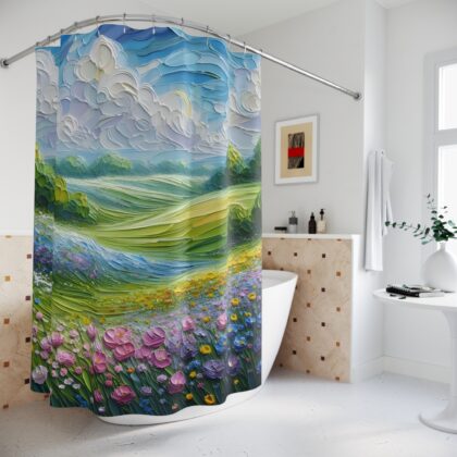 Verdant Vista shower curtain styled in a bright, nature-inspired bathroom