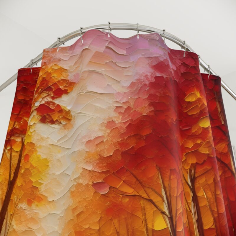 Close-up of Crimson Canopy shower curtain highlighting the impasto autumn foliage texture