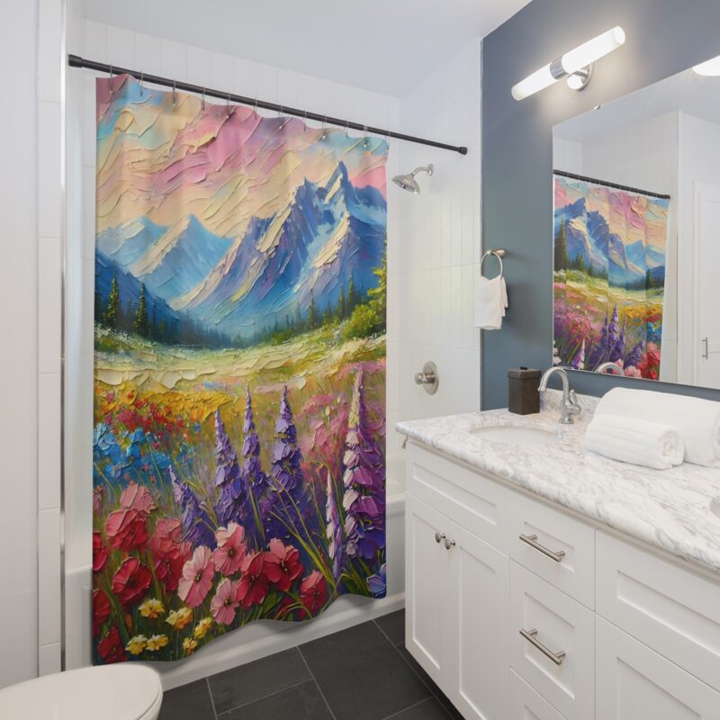 Mountain Blossoms shower curtain featuring colorful flowers with mountains in the background in an impasto style