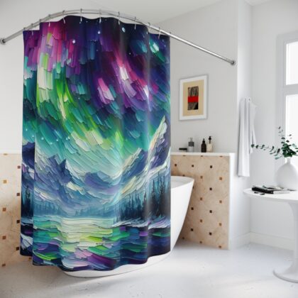 Aurora Peaks shower curtain styled in a modern bathroom with celestial decor