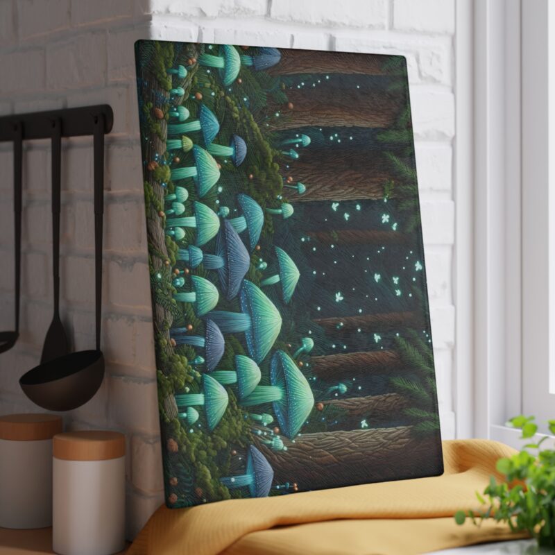 Mushroom Fantasy Glass Cutting Board Vertical View