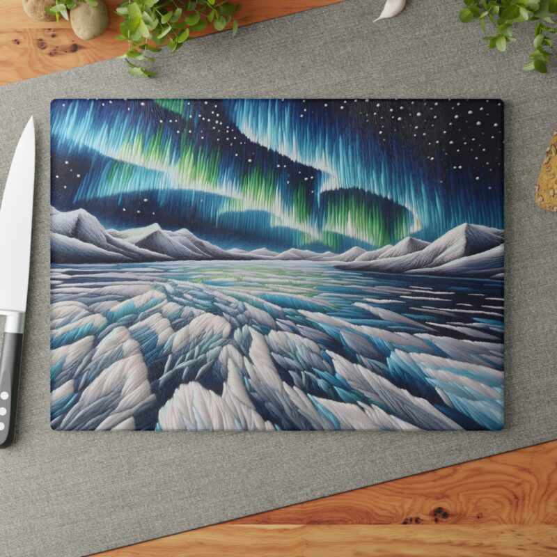 The Arctic Dreams glass cutting board brings a touch of winter's beauty to your kitchen