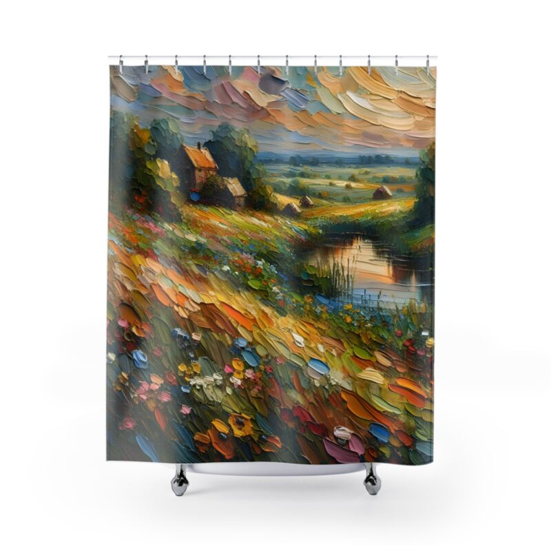 Countryside Vista shower curtain showcasing a rural house and greenery on a white background