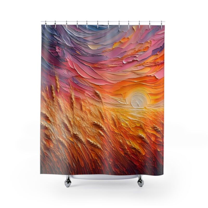 Golden Harvest shower curtain with golden autumn patterns on a white background.