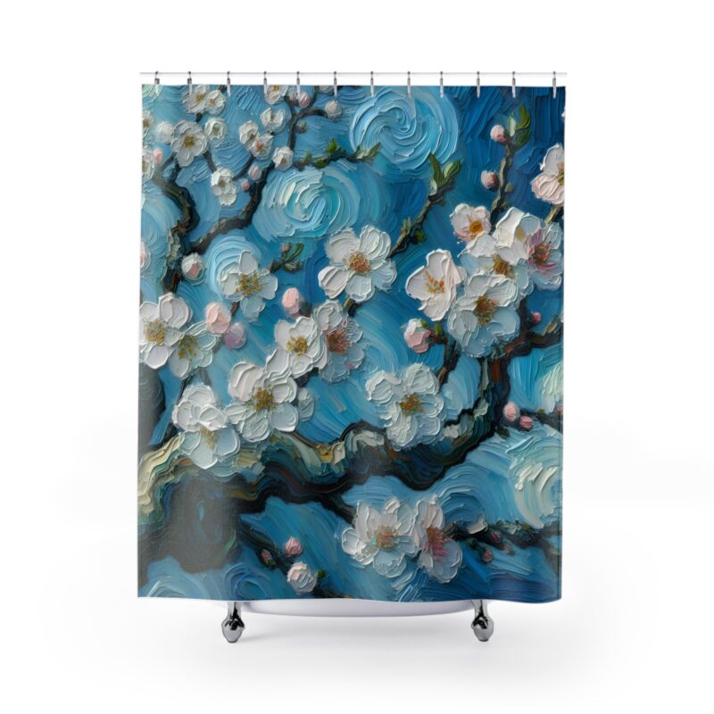 Azure Bloom shower curtain showcasing cherry blossoms and sky on a white background