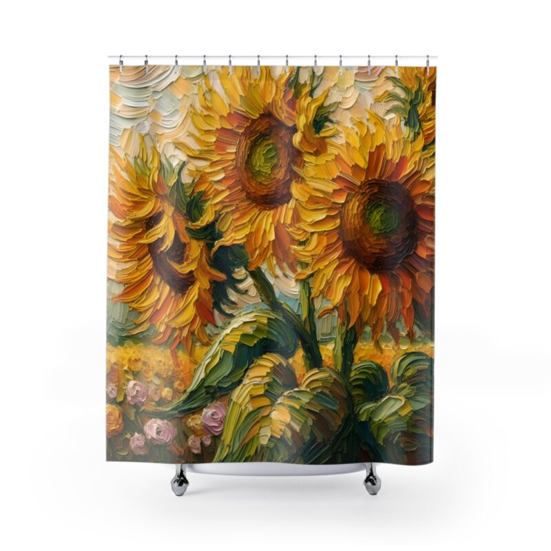 Sunflower Bliss shower curtain showcasing vibrant sunflowers on a white background