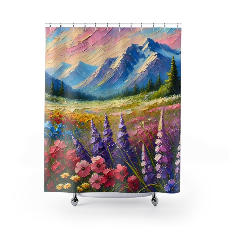 Mountain Blossoms shower curtain showcasing flowers and mountains on a white background