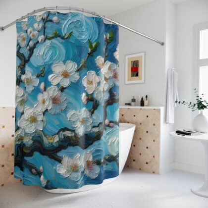 Azure Bloom shower curtain styled in a serene bathroom with floral decor