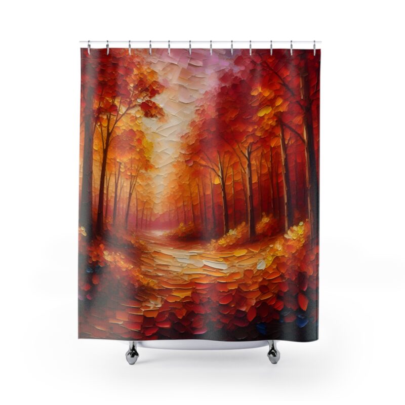 Crimson Canopy shower curtain with autumn trees and pathway on a white background