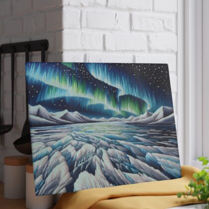 The Arctic Dreams glass cutting board brings a touch of winter's beauty to your kitchen.