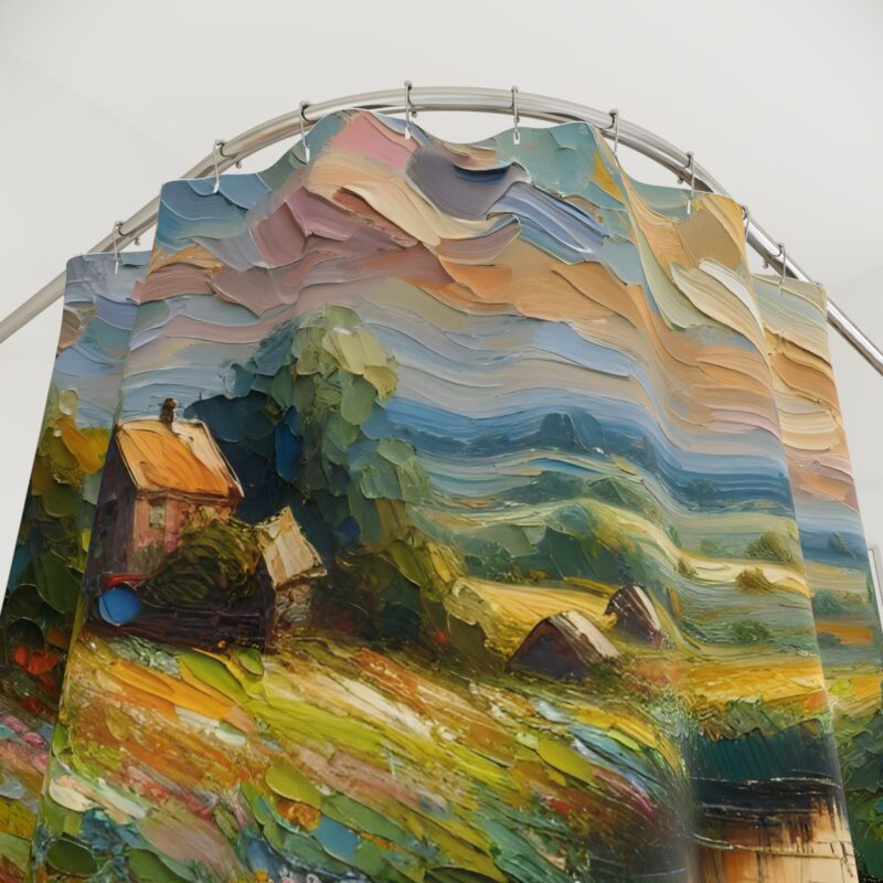 Close-up of Countryside Vista shower curtain featuring the textured countryside house details