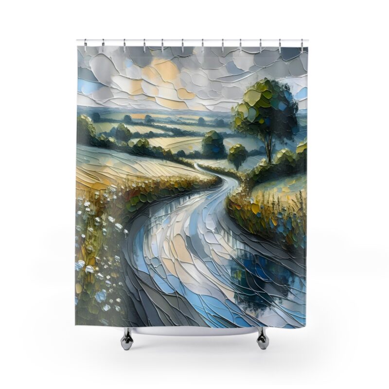 Lakeside Serenity shower curtain showcasing lake scenery on a white background