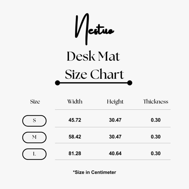 Nestuo Desk Mat Size Chart in Centimeter