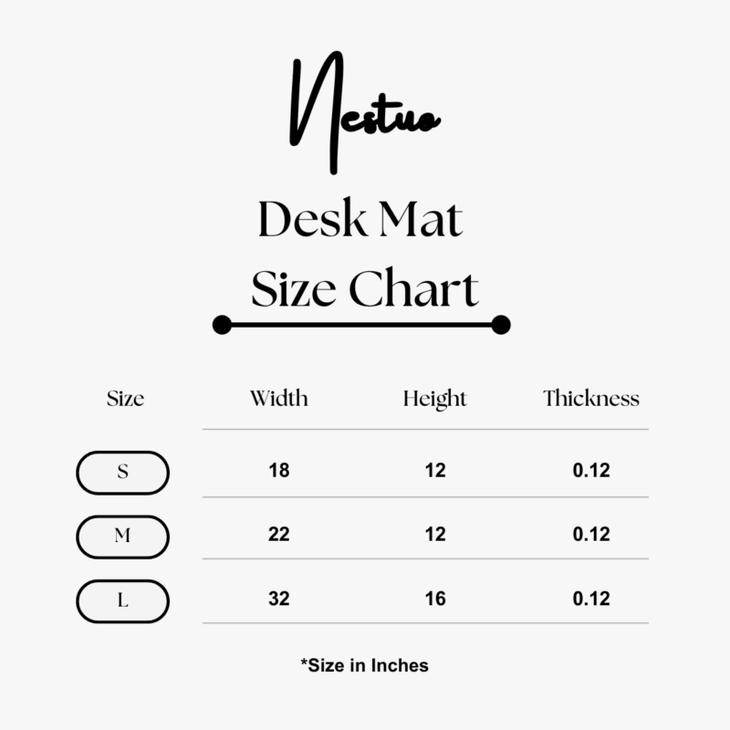 Nestuo Desk Mat Size Chart in Inches