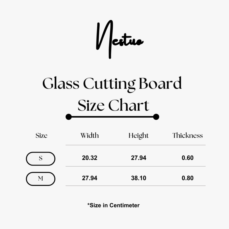 Nestuo Glass Cutting Board Size Chart in Centimeter