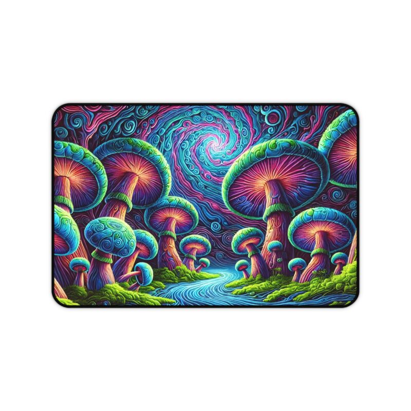 Neon Mushrooms Desk Mat on White Background