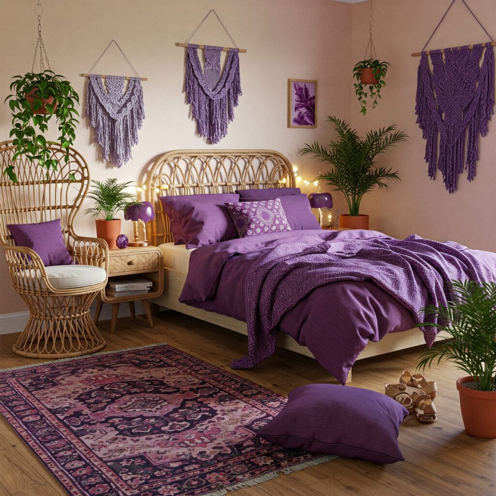 Boho purple bedroom decor